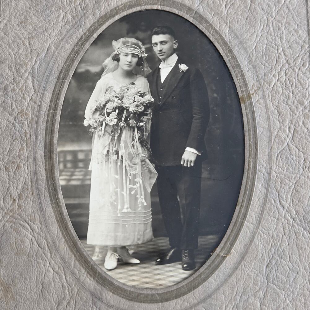 Antique Original 1920's 4x6 Wedding Bride Groom Portrait Sepia Bouquet